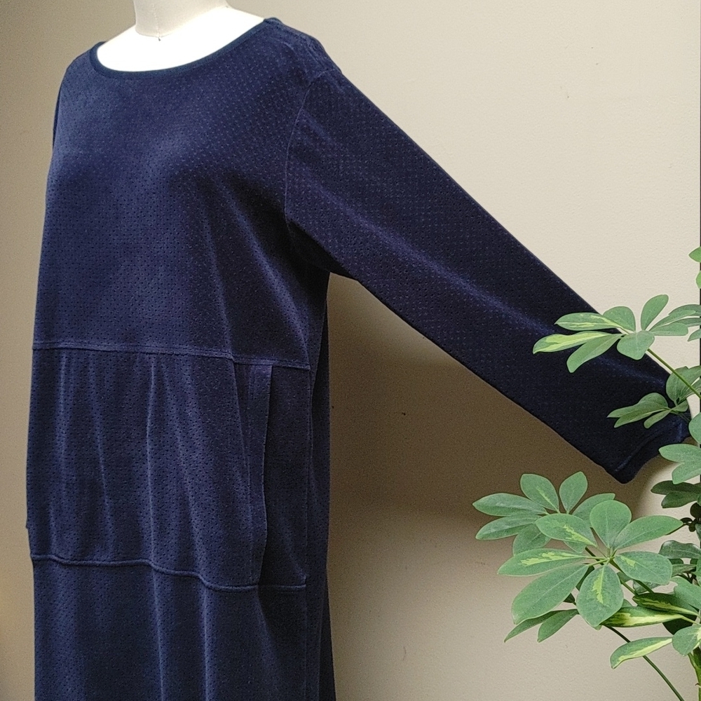 Blue Embossed Velvet Long Sleeve Maxi Dress Muffler Pocket M - Picture 5 of 12